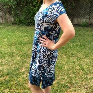 Blue White Floral Midi Short Sleeve Dress